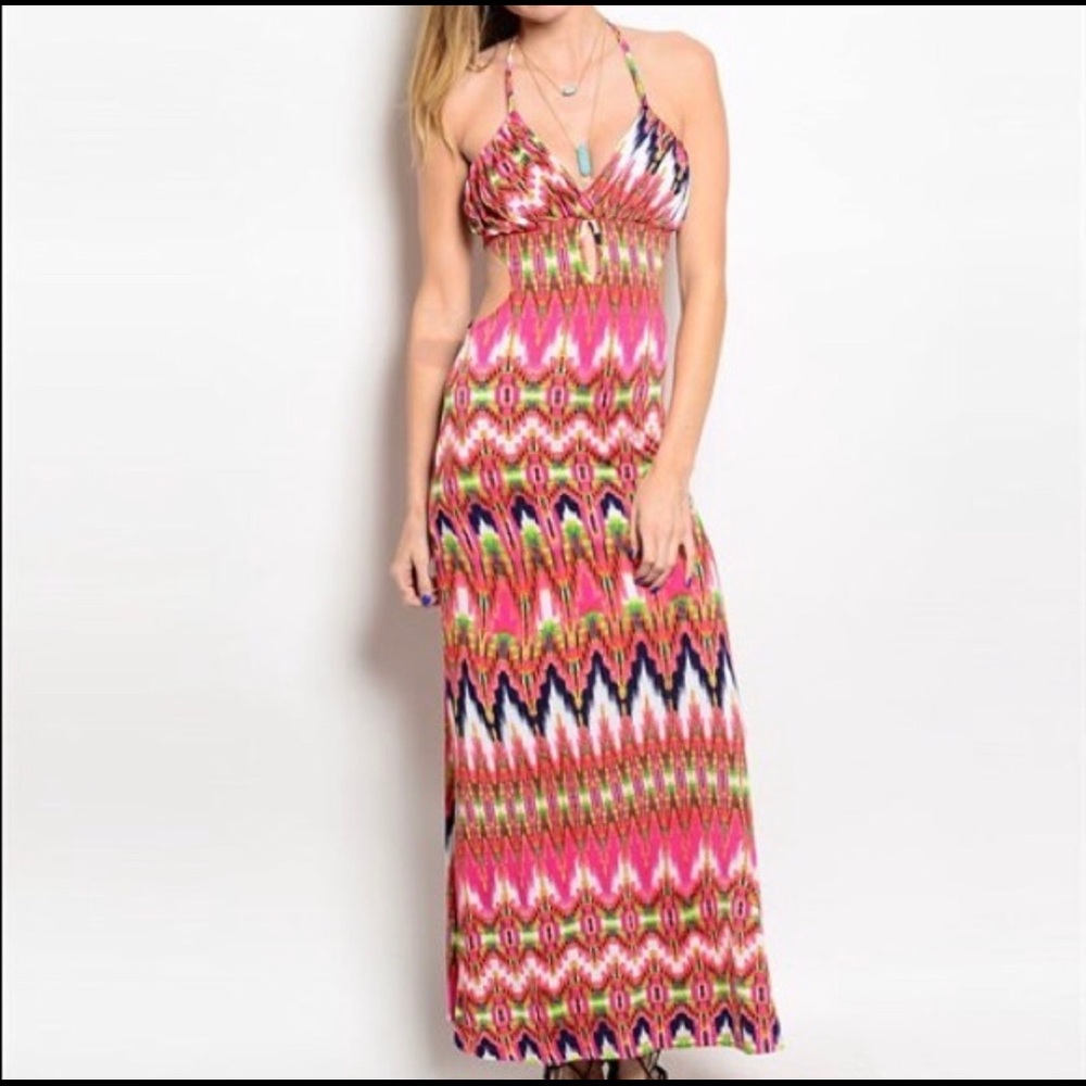 Orange Pink Floral and Black Maxi Dress